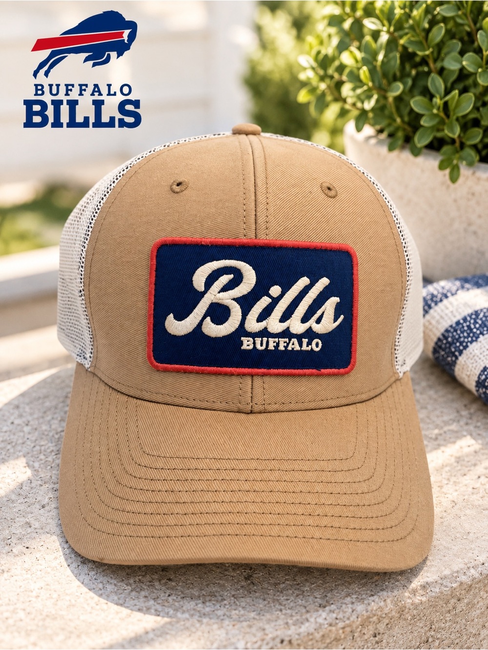 Buffalo Bills NFL Trucker Hat Tan White Mesh American Flag Brim Adjustable